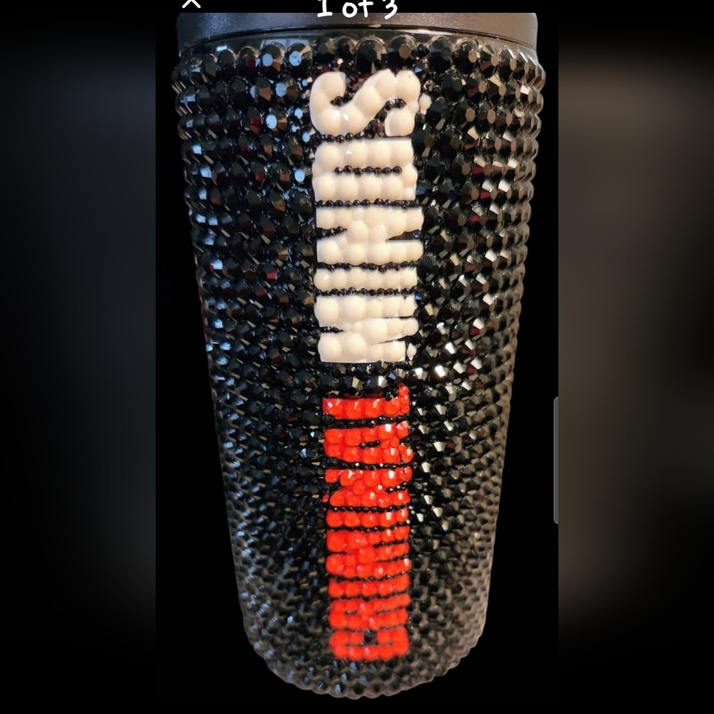 Black Rhinestone Tumbler with White and Red Text♡ Custom Made